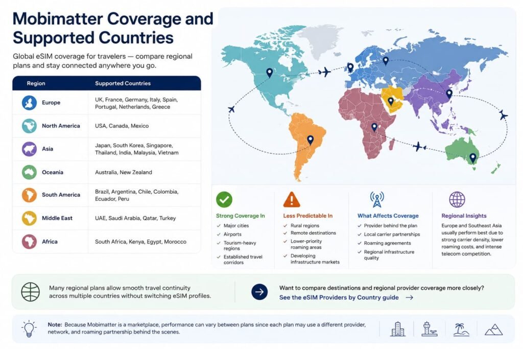 Mobimatter coverage and supported countries infographic showing global eSIM connectivity across Europe North America Asia Oceania South America the Middle East and Africa for international travel and regional data plans