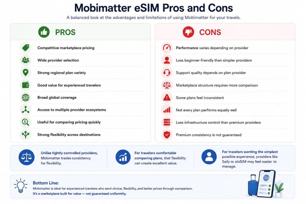 Mobimatter eSIM pros and cons infographic showing marketplace pricing provider flexibility global coverage comparison features and potential tradeoffs for international travel connectivity