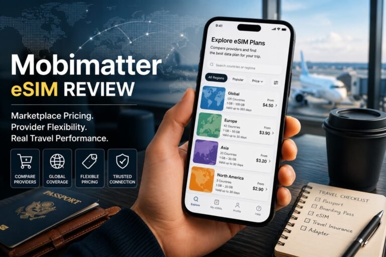 Mobimatter eSIM review featured image showing travelers comparing international eSIM plans on a global travel marketplace with flexible pricing and worldwide mobile connectivity
