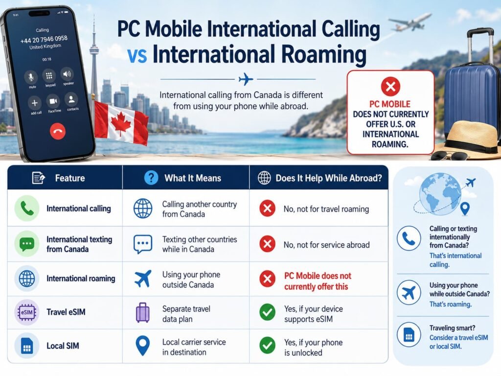 Infographic comparing PC Mobile international calling vs international roaming for Canadian travelers, explaining that calling or texting other countries from Canada is different from using your phone outside Canada, and showing travel eSIMs or local SIMs as better options for staying connected abroad.