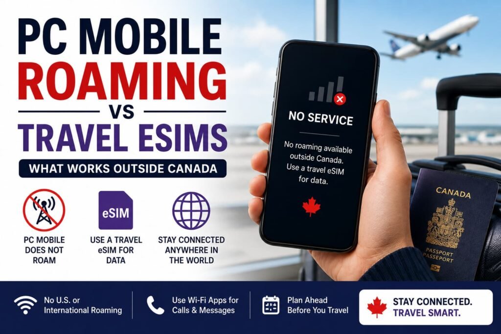 Infographic-style featured image comparing PC Mobile roaming vs travel eSIMs for Canadian travelers, showing no service outside Canada, no U.S. or international roaming, travel eSIM data setup, Wi-Fi app communication, and planning ahead before travelling.