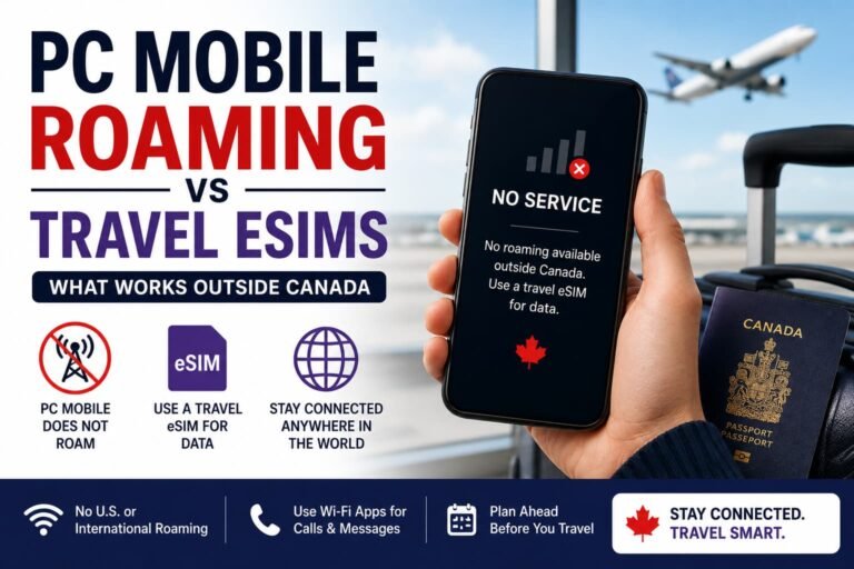 Infographic-style featured image comparing PC Mobile roaming vs travel eSIMs for Canadian travelers, showing no service outside Canada, no U.S. or international roaming, travel eSIM data setup, Wi-Fi app communication, and planning ahead before travelling.