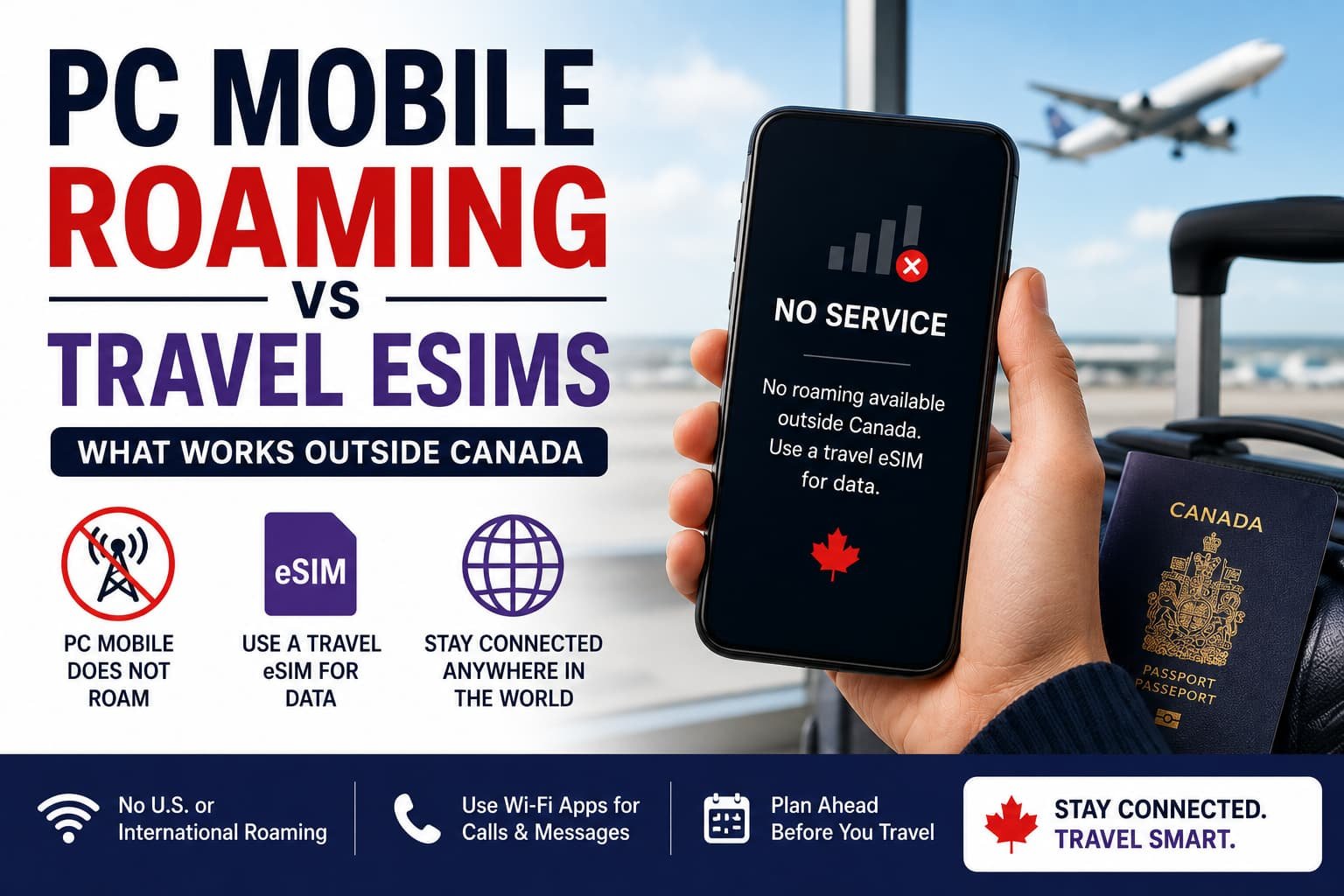 Infographic-style featured image comparing PC Mobile roaming vs travel eSIMs for Canadian travelers, showing no service outside Canada, no U.S. or international roaming, travel eSIM data setup, Wi-Fi app communication, and planning ahead before travelling.