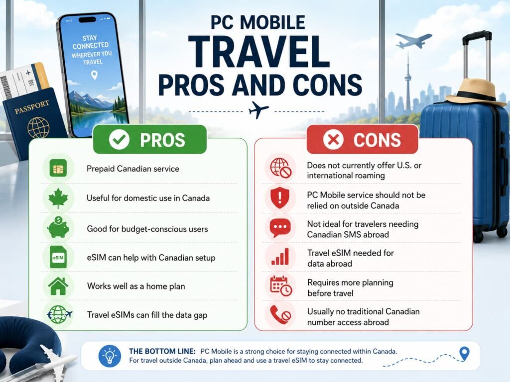 Infographic showing PC Mobile travel pros and cons for Canadian travelers, including prepaid Canadian service, domestic use in Canada, budget-conscious users, eSIM setup, no U.S. or international roaming, no reliable service outside Canada, travel eSIM needs, Canadian SMS limitations abroad, and extra planning before travel.