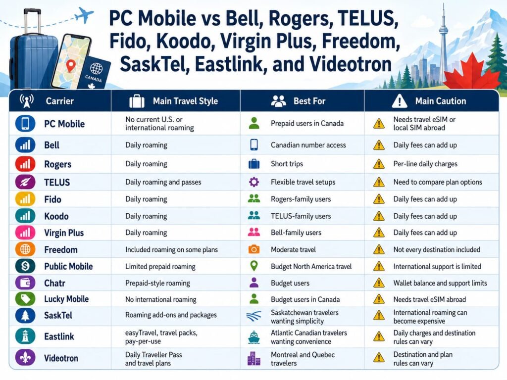 Infographic comparing PC Mobile with major Canadian carriers and prepaid brands for travel, including Bell, Rogers, TELUS, Fido, Koodo, Virgin Plus, Freedom, Public Mobile, Chatr, Lucky Mobile, SaskTel, Eastlink, and Videotron, showing no-roaming limits, daily roaming options, regional travel plans, prepaid differences, and travel eSIM alternatives.