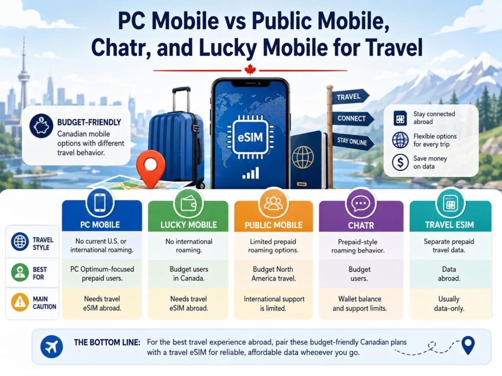 Infographic comparing PC Mobile, Public Mobile, Chatr, Lucky Mobile, and travel eSIM options for Canadian travelers, showing each carrier’s travel style, best use case, and main caution, including no roaming limits, prepaid travel differences, and travel eSIMs as a separate data solution abroad.