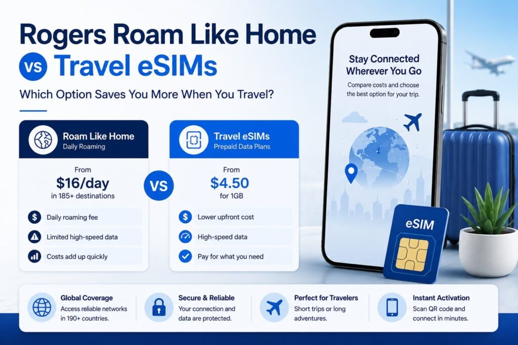Rogers Roam Like Home vs travel eSIMs infographic comparing roaming costs and prepaid travel data plans for Canadian travelers at an airport
