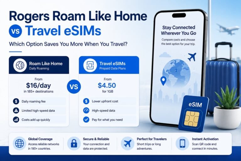 Rogers Roam Like Home vs travel eSIMs infographic comparing roaming costs and prepaid travel data plans for Canadian travelers at an airport