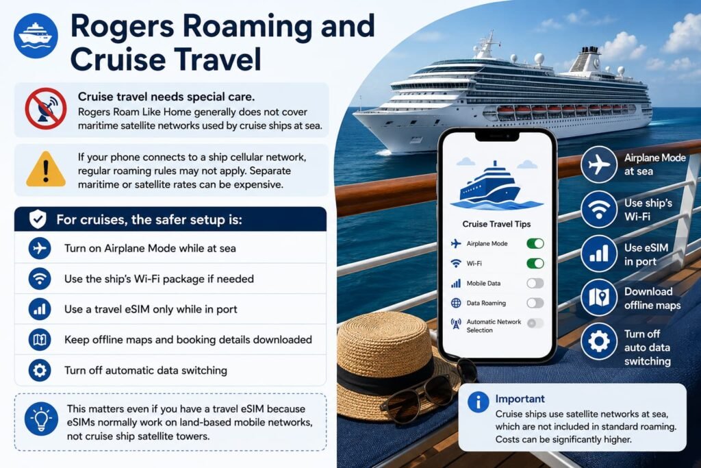 Infographic explaining Rogers roaming and cruise travel tips for Canadian travelers, including Airplane Mode at sea, ship Wi-Fi usage, travel eSIM use in port, and avoiding expensive maritime satellite roaming charges