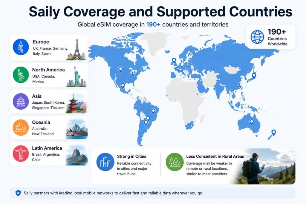 Saily eSIM coverage map showing supported countries in Europe North America Asia Oceania and Latin America for international travel
