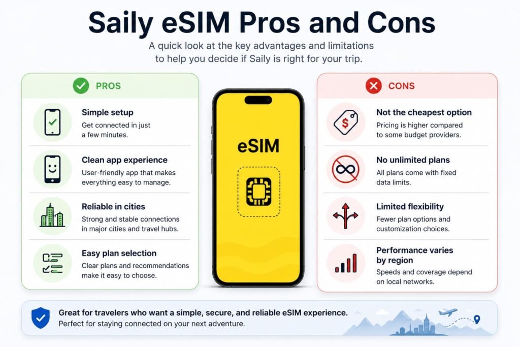 Saily eSIM pros and cons showing simple setup clean app experience and limitations like no unlimited plans and performance differences by region