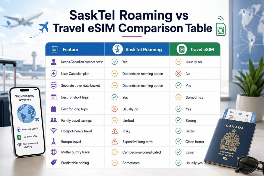 Infographic comparing SaskTel roaming and travel eSIMs for Canadian travelers, including Canadian number access, data bucket differences, short trips, long trips, family travel savings, hotspot use, Europe travel, multi-country travel, and predictable pricing.