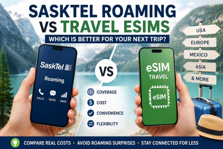 SaskTel roaming vs travel eSIMs comparison showing phones, travel destinations, and roaming cost factors for Canadian travelers.