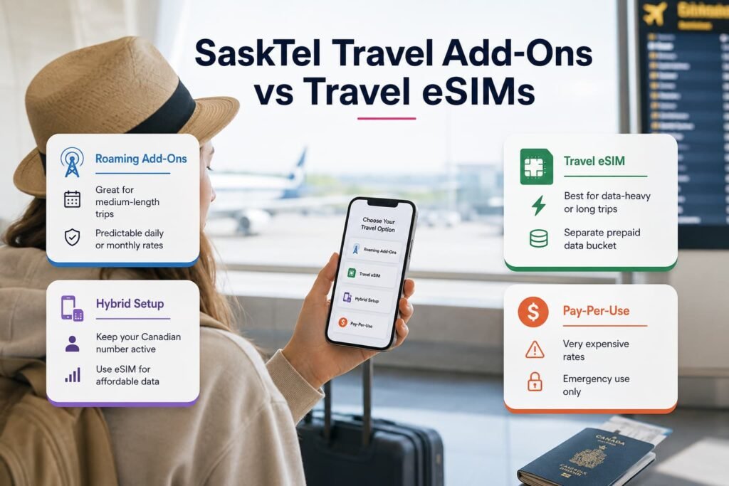 Infographic comparing SaskTel travel add-ons, travel eSIMs, hybrid setup, and pay-per-use roaming options for Canadian travelers, including data control, keeping a Canadian number active, predictable travel costs, and avoiding expensive roaming charges.