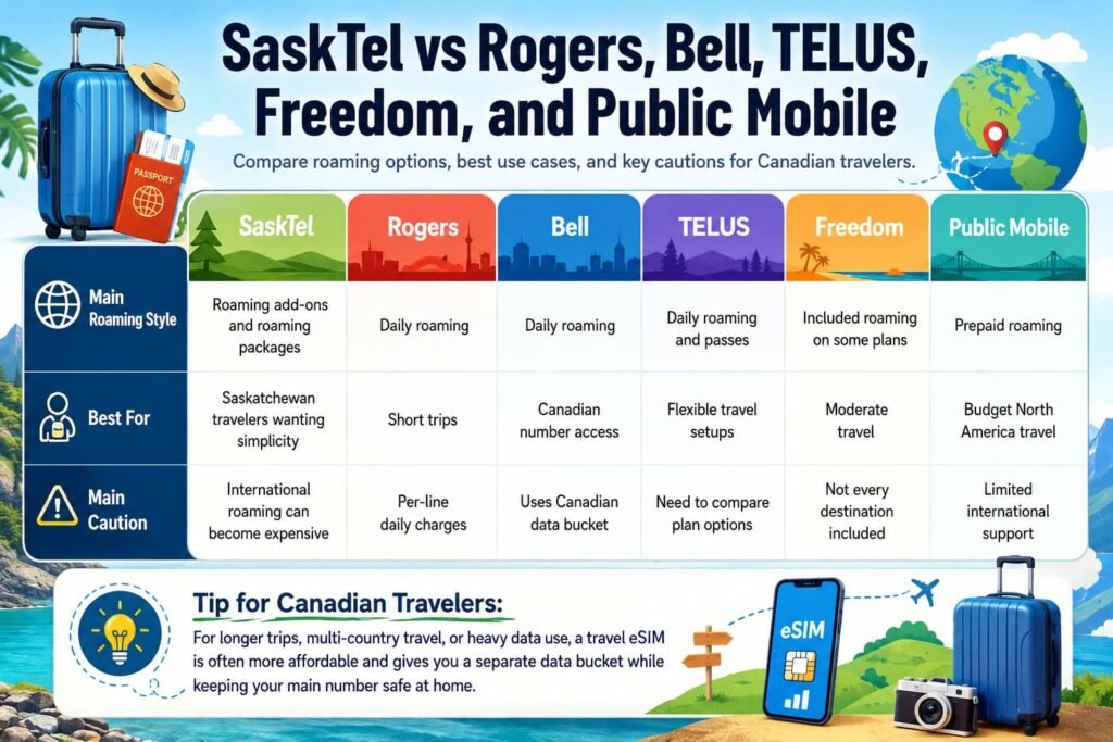 Infographic comparing SaskTel, Rogers, Bell, TELUS, Freedom Mobile, and Public Mobile roaming options for Canadian travelers, including main roaming style, best use case, and key cautions such as daily fees, data bucket limits, and international travel restrictions.
