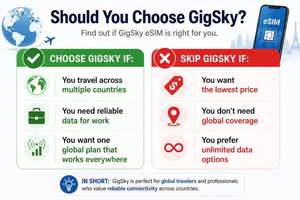 GigSky eSIM decision guide showing when to choose it for global travel and when to skip based on pricing and data needs