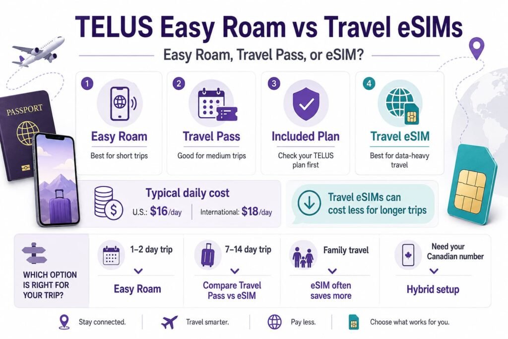 Infographic comparing TELUS Easy Roam vs travel eSIMs, including Easy Roam, travel passes, included roaming plans, and travel eSIM options for Canadian travelers.