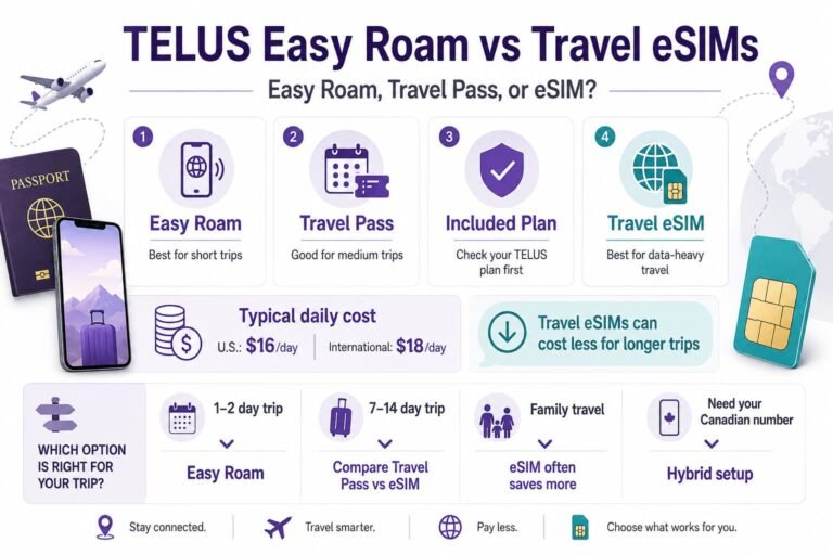 Infographic comparing TELUS Easy Roam vs travel eSIMs, including Easy Roam, travel passes, included roaming plans, and travel eSIM options for Canadian travelers.