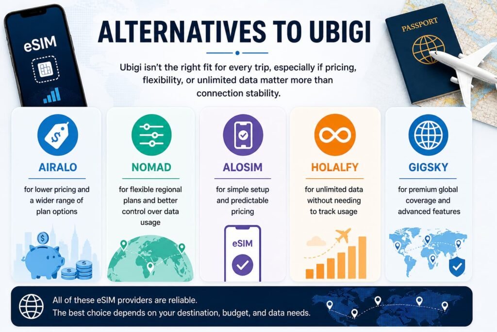 Ubigi eSIM review alternatives showing Airalo Nomad aloSIM Holafly and GigSky for pricing flexibility and global coverage