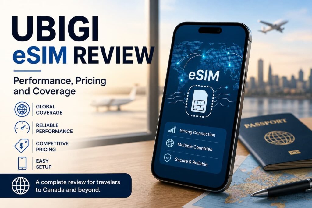 Ubigi eSIM review image showing smartphone with eSIM connection and global coverage for travel performance and pricing