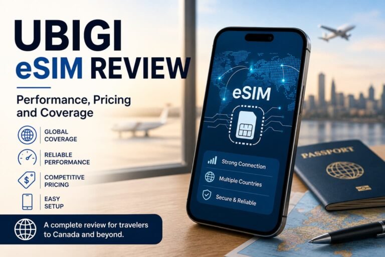 Ubigi eSIM review image showing smartphone with eSIM connection and global coverage for travel performance and pricing