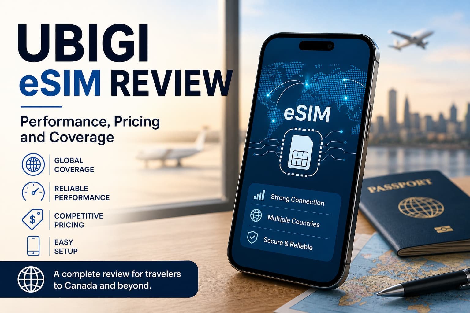 Ubigi eSIM review image showing smartphone with eSIM connection and global coverage for travel performance and pricing