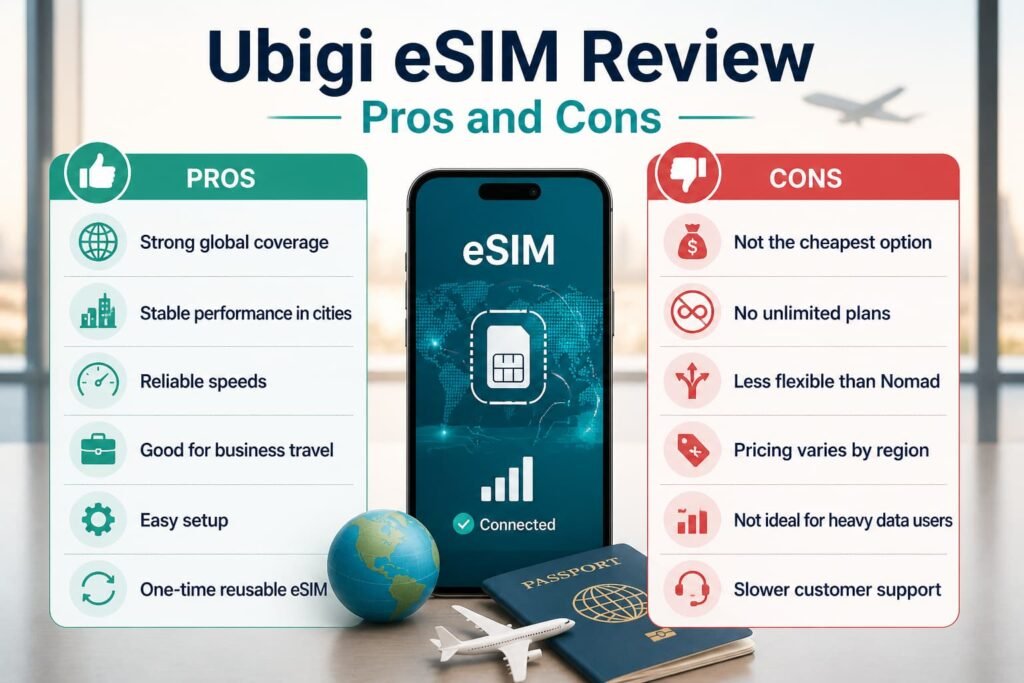 Ubigi eSIM review pros and cons showing benefits like global coverage and drawbacks like pricing and no unlimited data