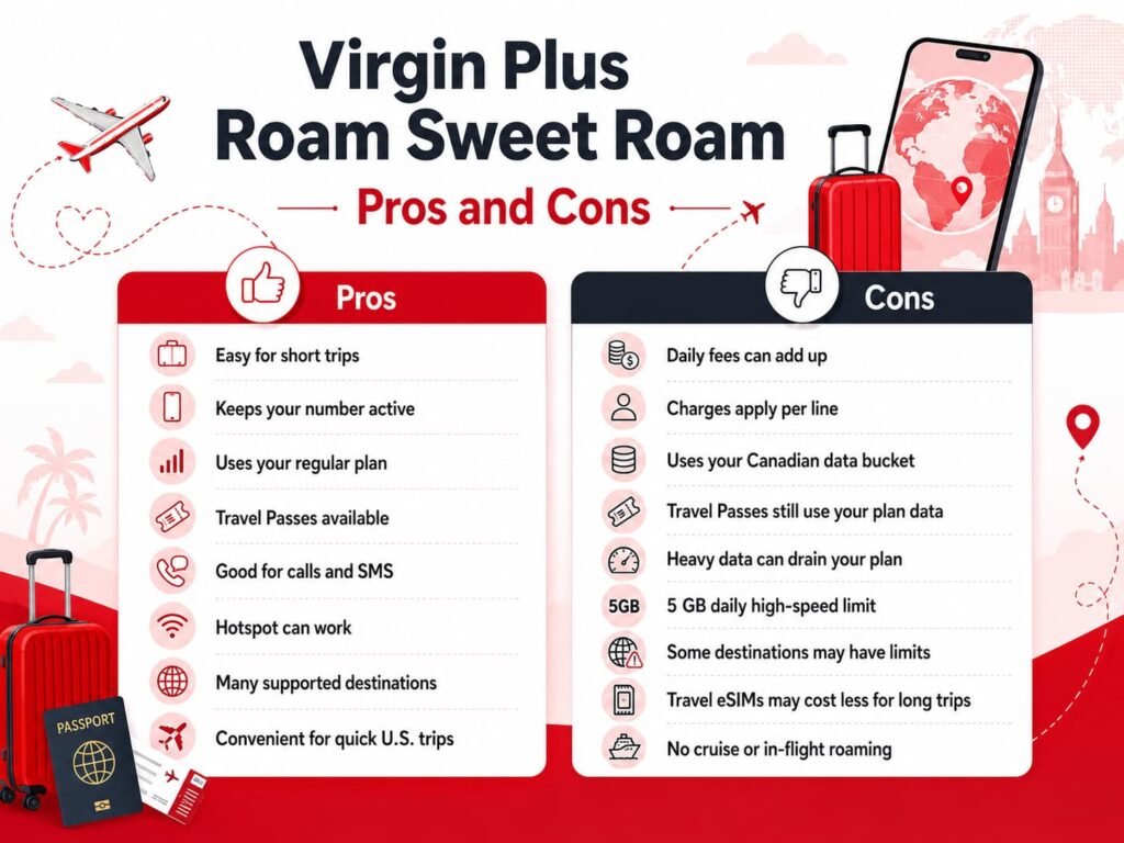 Infographic showing the pros and cons of Virgin Plus Roam Sweet Roam, including easy setup, keeping your Virgin Plus number active, Travel Pass availability, daily roaming fees, per-line charges, Canadian data bucket usage, the 5 GB daily high-speed limit, and when travel eSIMs may cost less for long trips.