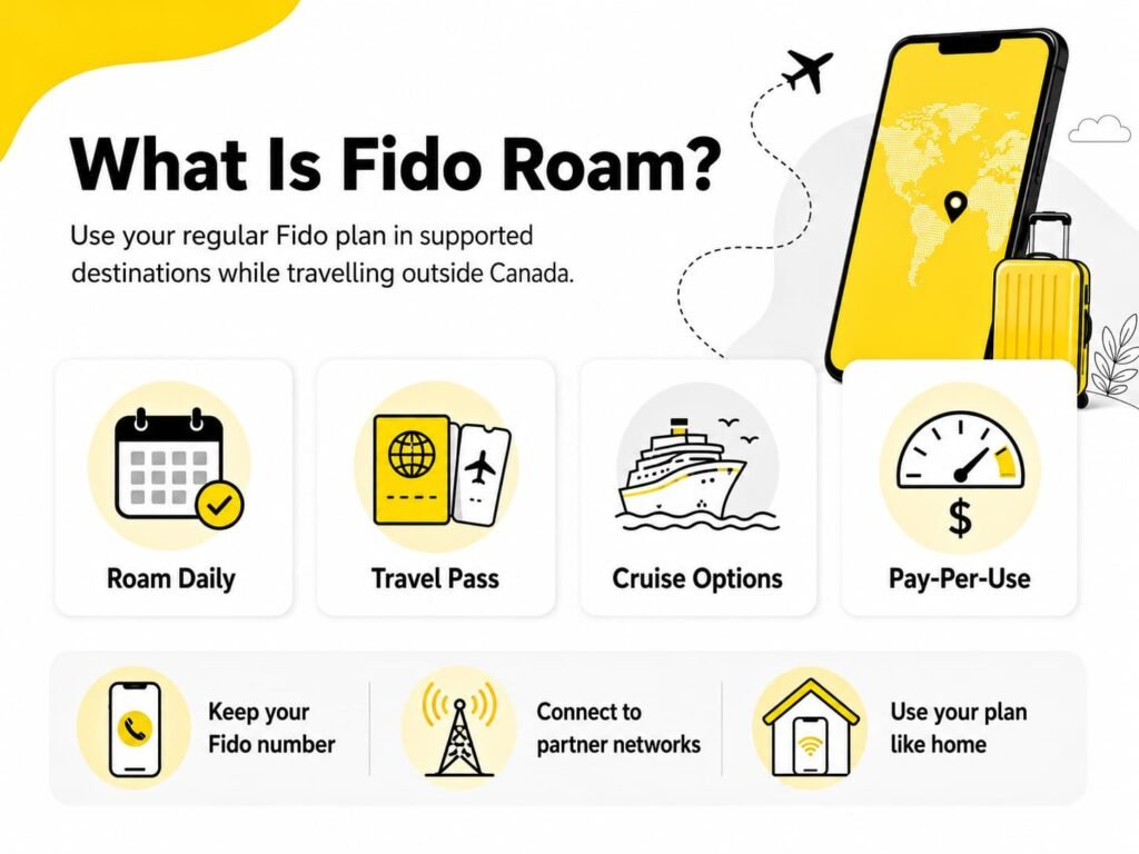 Infographic explaining Fido Roam, including Roam Daily, Travel Pass, cruise options, pay-per-use roaming, keeping your Fido number, connecting to partner networks, and using your regular Fido plan in supported destinations.