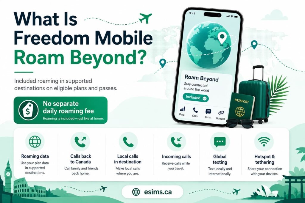 Infographic explaining Freedom Mobile Roam Beyond, including included roaming data, calls back to Canada, local calls, incoming calls, global texting, hotspot and tethering, and no separate daily roaming fee in supported destinations.