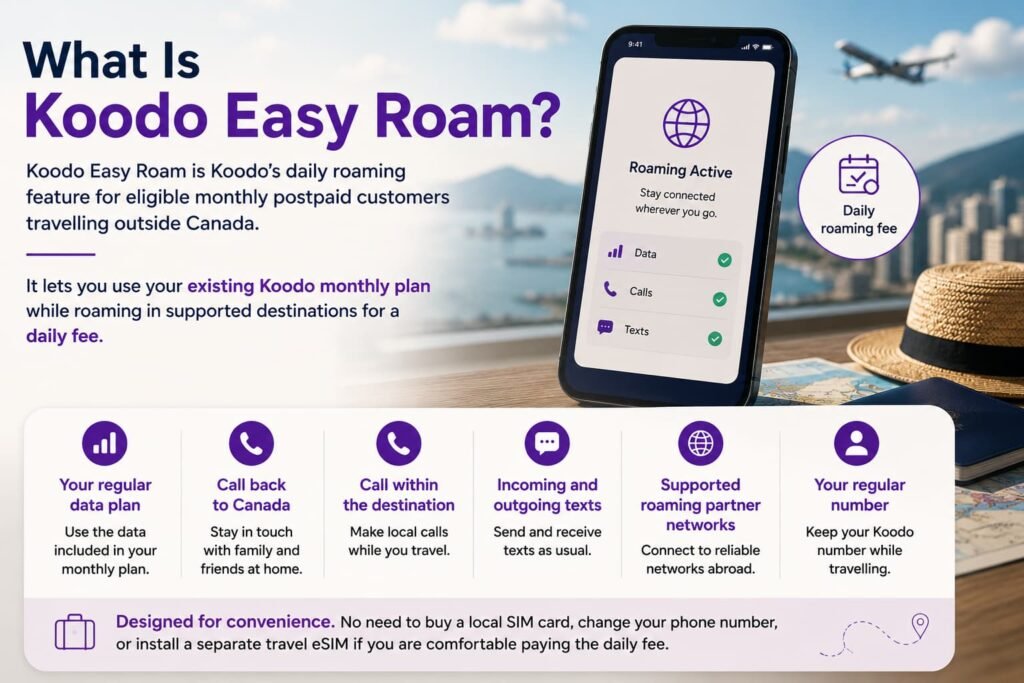 Travel-themed infographic explaining what Koodo Easy Roam is, showing how eligible monthly postpaid customers can use their existing Koodo monthly plan abroad for a daily roaming fee, including data, calls, texts, roaming partner networks, and keeping the same Canadian phone number while travelling.