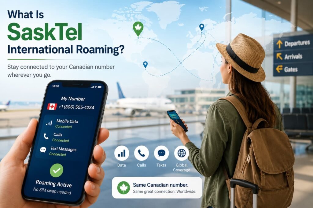 Canadian traveler at an airport using SaskTel international roaming to keep their Canadian phone number active for calls, texts, and mobile data while travelling abroad.
