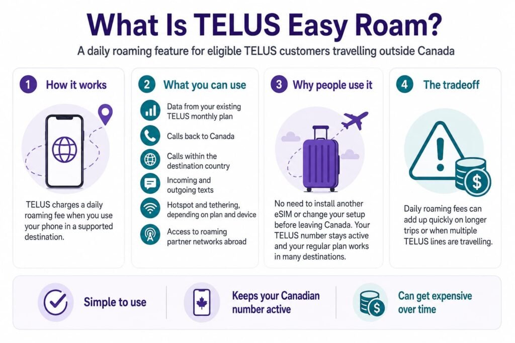 Infographic explaining what TELUS Easy Roam is, including how it works, what it includes, why travelers use it, and the downside of daily roaming fees.