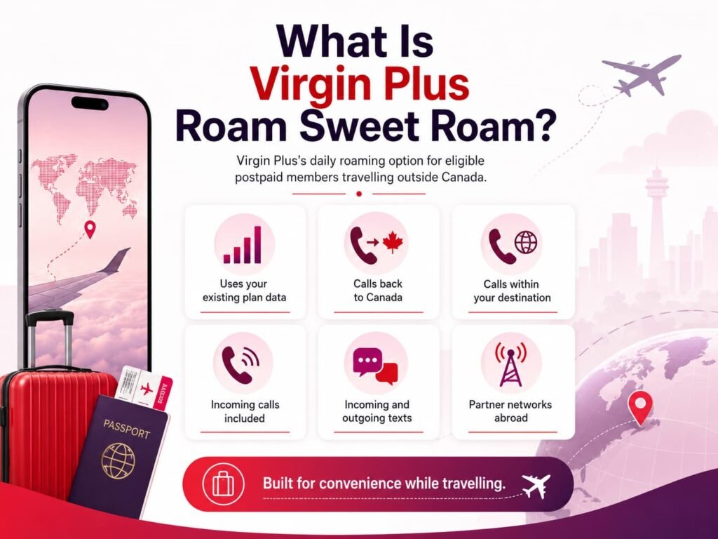 Infographic explaining Virgin Plus Roam Sweet Roam, including existing plan data, calls back to Canada, calls within the travel destination, incoming calls, incoming and outgoing texts, and partner networks abroad.