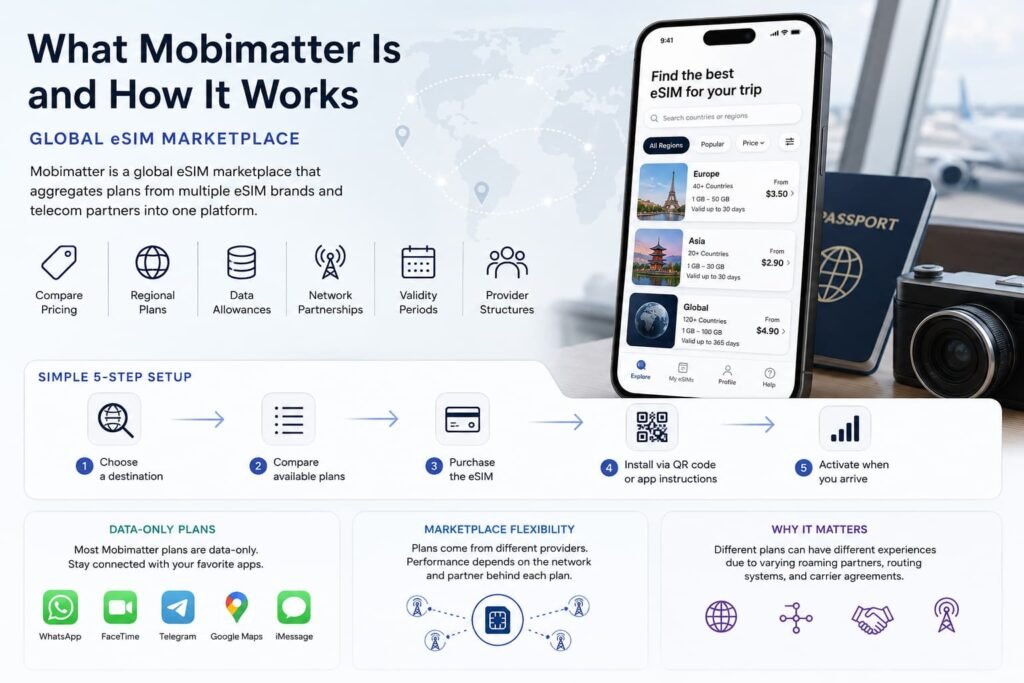 Infographic explaining how Mobimatter works as a global eSIM marketplace with provider comparison regional plans QR code setup travel connectivity and international data options