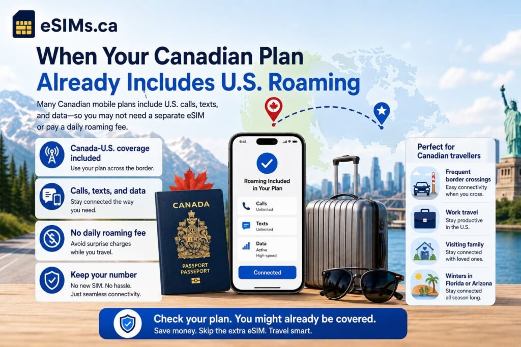 Infographic showing when a Canadian mobile plan already includes U.S. roaming, with a smartphone displaying roaming coverage, Canadian passport, suitcase, Canada-to-U.S. route map, and examples for frequent border crossings, work travel, family visits, and winter stays in Florida or Arizona.