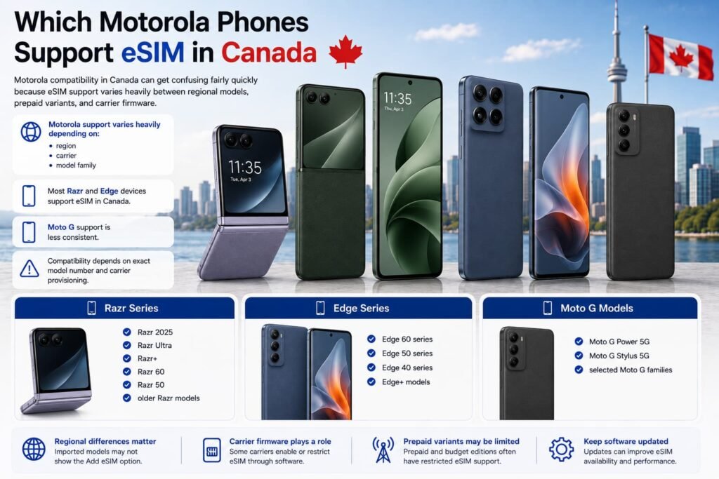 Modern Motorola-style smartphones and foldable devices displayed with Canadian skyline background representing eSIM compatible Razr, Edge, and Moto G phones in Canada with support for dual SIM and carrier activation.