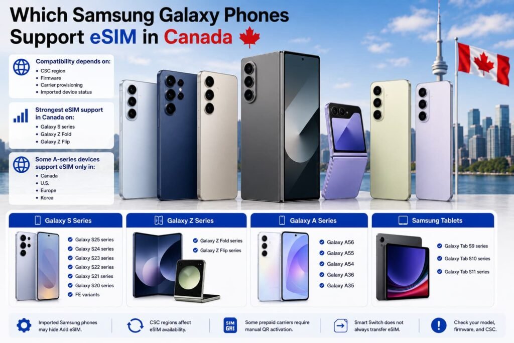Modern Samsung Galaxy style smartphones and foldable devices displayed with Canadian skyline background representing eSIM compatible Galaxy S, Galaxy Z, Galaxy A series phones and Samsung tablets in Canada.