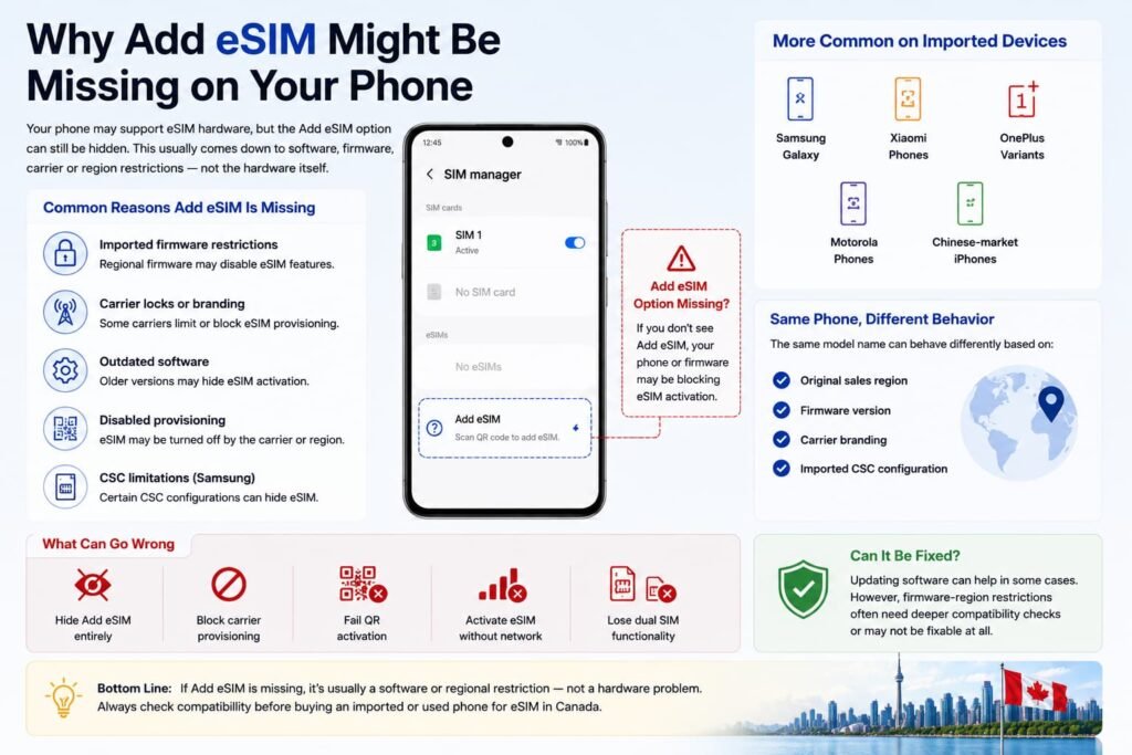 Smartphone showing missing Add eSIM option with Canadian compatibility troubleshooting graphics representing imported firmware restrictions, CSC limitations, carrier locks, and eSIM activation problems in Canada.