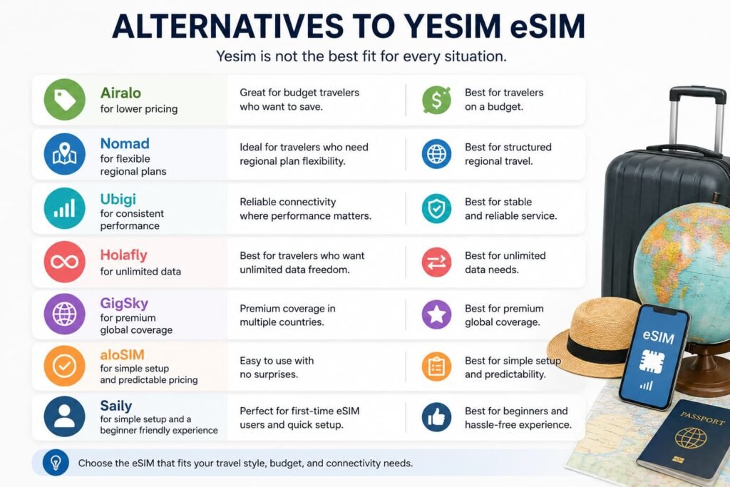 alternatives to Yesim eSIM showing different travel data plan options including budget flexible and unlimited choices