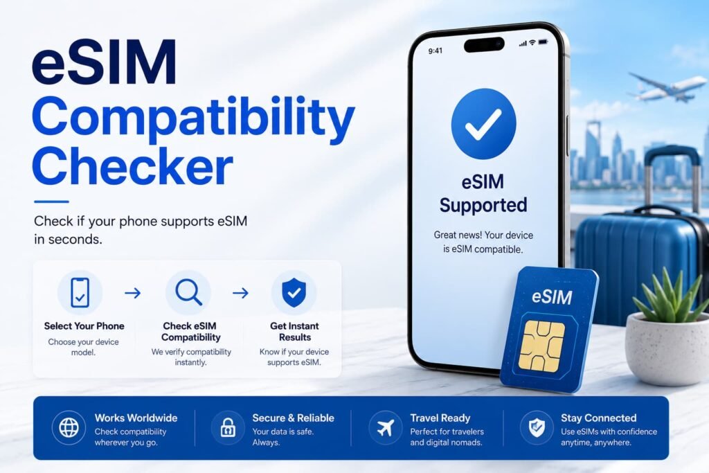 eSIM compatibility checker Canada tool showing smartphone support for iPhone, Android, and travel eSIM activation in Canada
