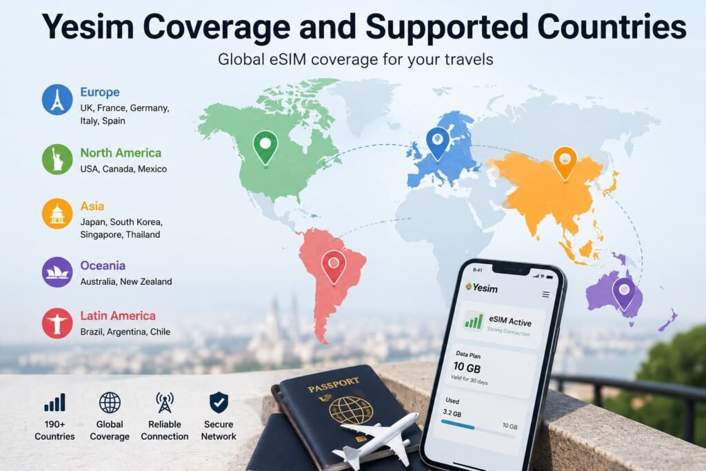 Yesim eSIM coverage map showing supported countries across Europe North America Asia Oceania and Latin America