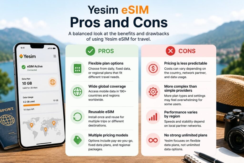 Yesim eSIM pros and cons showing flexible plans global coverage and performance differences by region