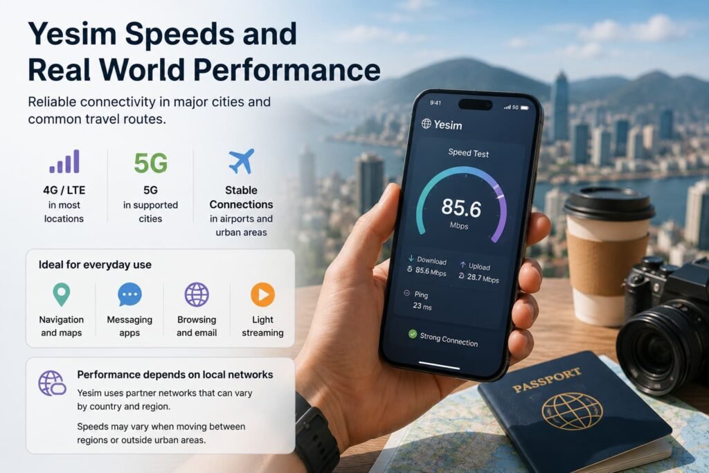 Yesim eSIM speeds and real world performance showing 4G LTE and 5G connectivity for travel use