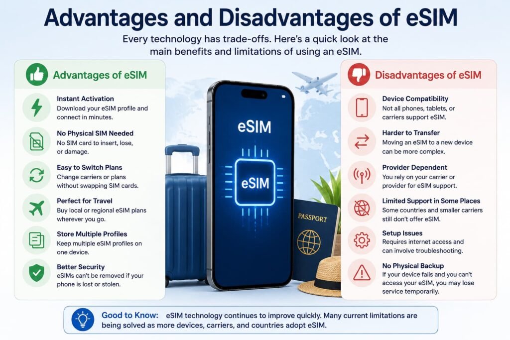 Infographic comparing the advantages and disadvantages of eSIM, including digital activation, multiple profiles, travel convenience, device compatibility and transfer limitations.