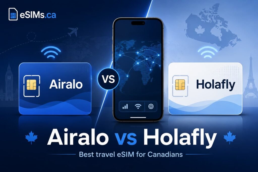 Airalo vs Holafly travel eSIM comparison for Canadians, showing a smartphone, international connectivity, and side-by-side Airalo and Holafly plan options.