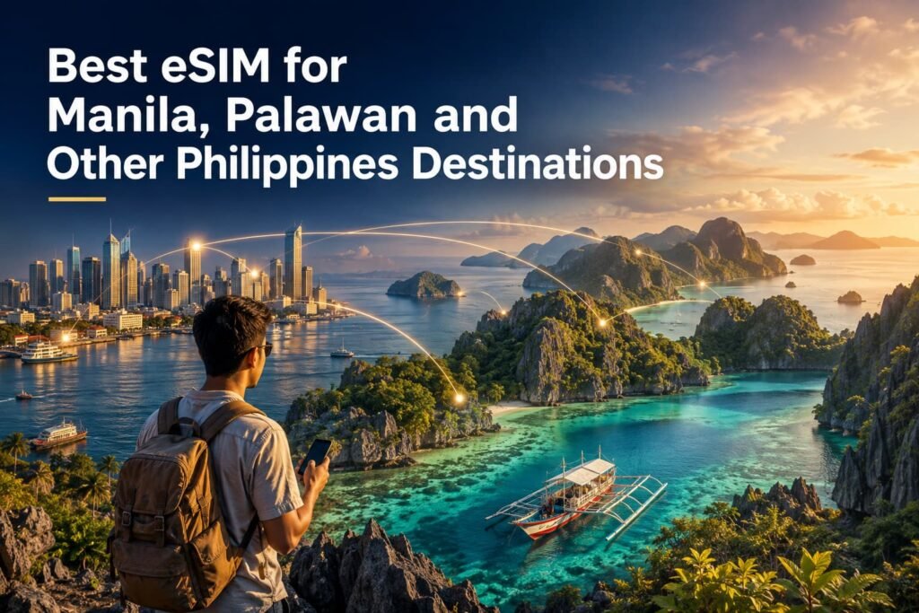 Traveller viewing connected routes between Manila’s skyline and Palawan’s tropical islands while using a smartphone.
