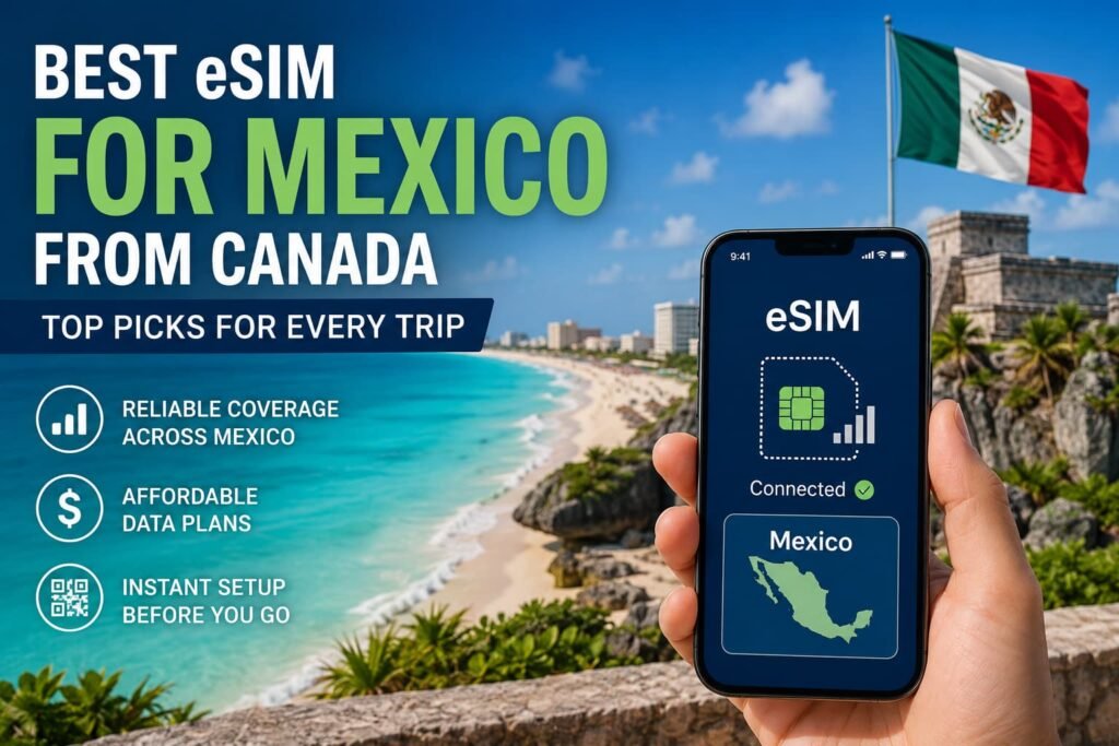 Best eSIM for Mexico from Canada with a travel eSIM connected on a smartphone overlooking the Mexican coast