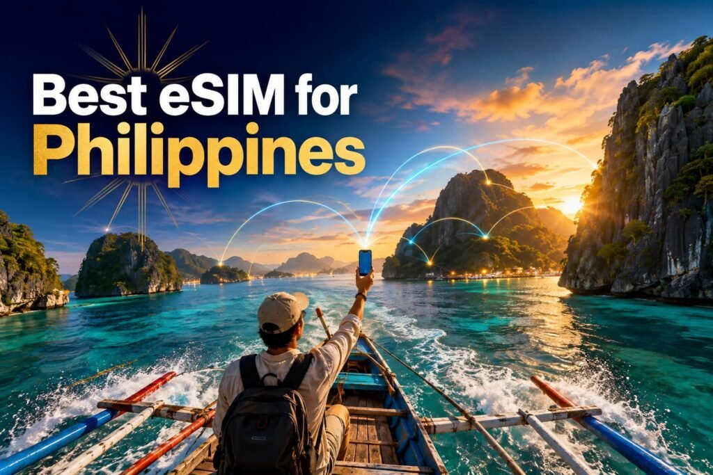 Best eSIM for Philippines with a traveller holding up a connected phone while travelling by boat between tropical islands.