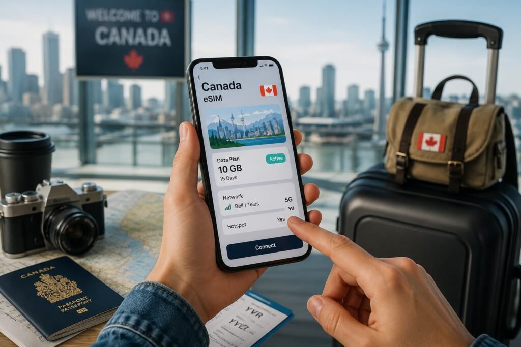 Traveller setting up a Canada tourist eSIM on a smartphone at the airport with luggage, passport, map, and Toronto skyline in the background.